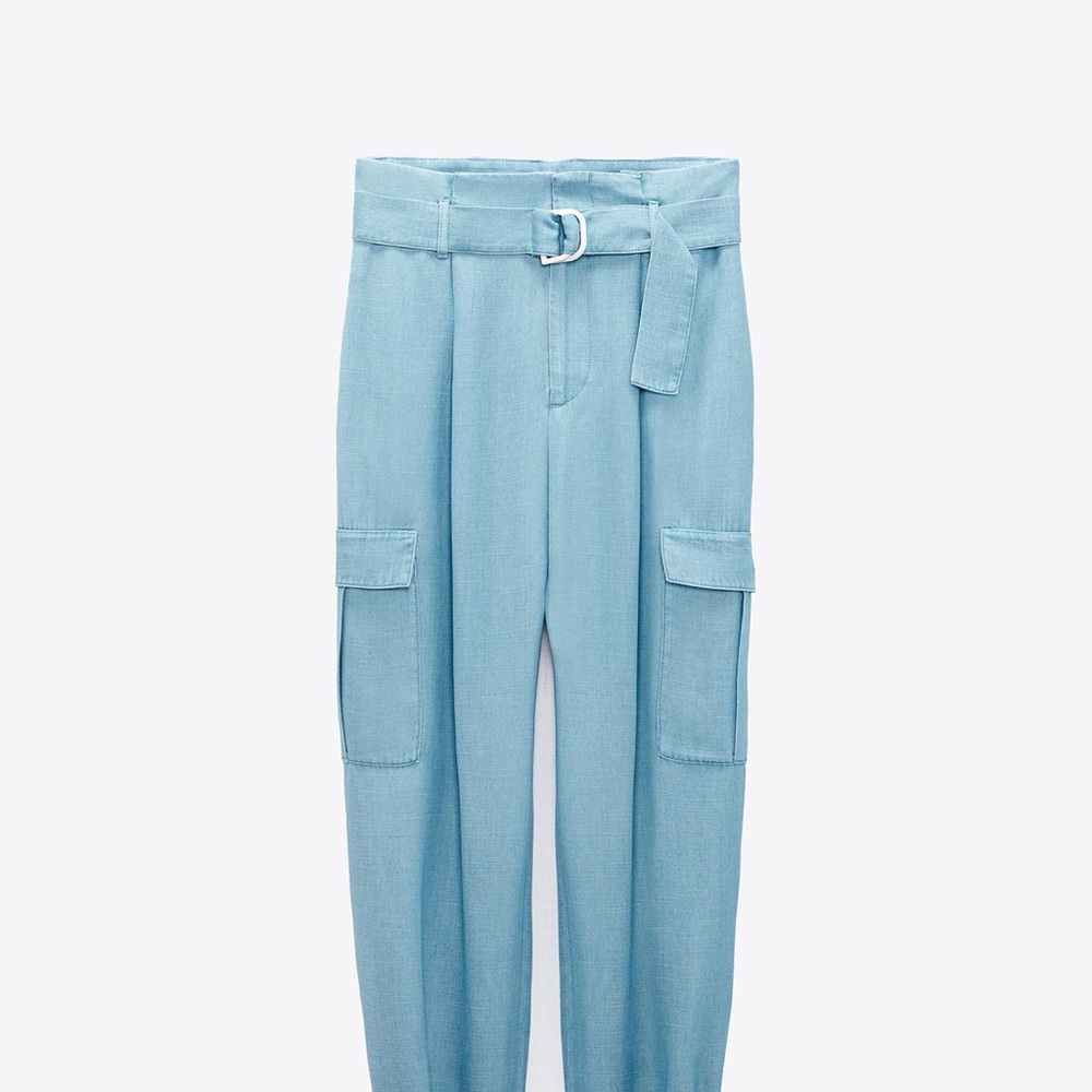 Zara women’s soft denim Light Blue Cargo Pants with Belt